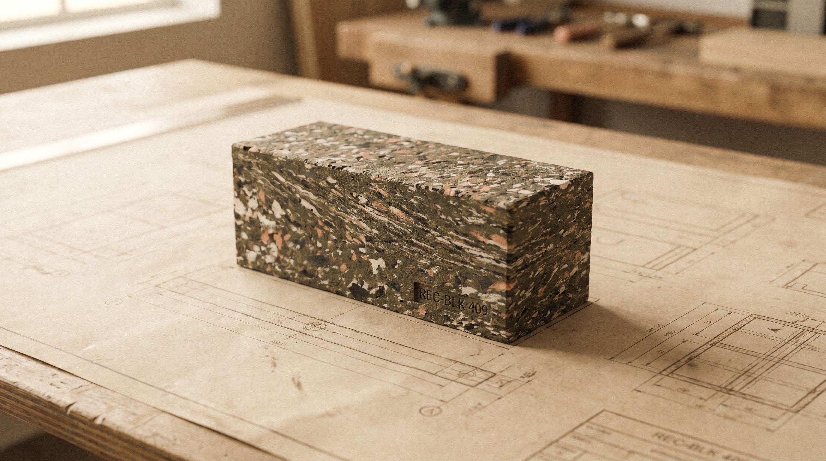 A Bloxcity recycled-plastic structural block on a paper-toned drafting surface, with faint blueprint lines beneath it.