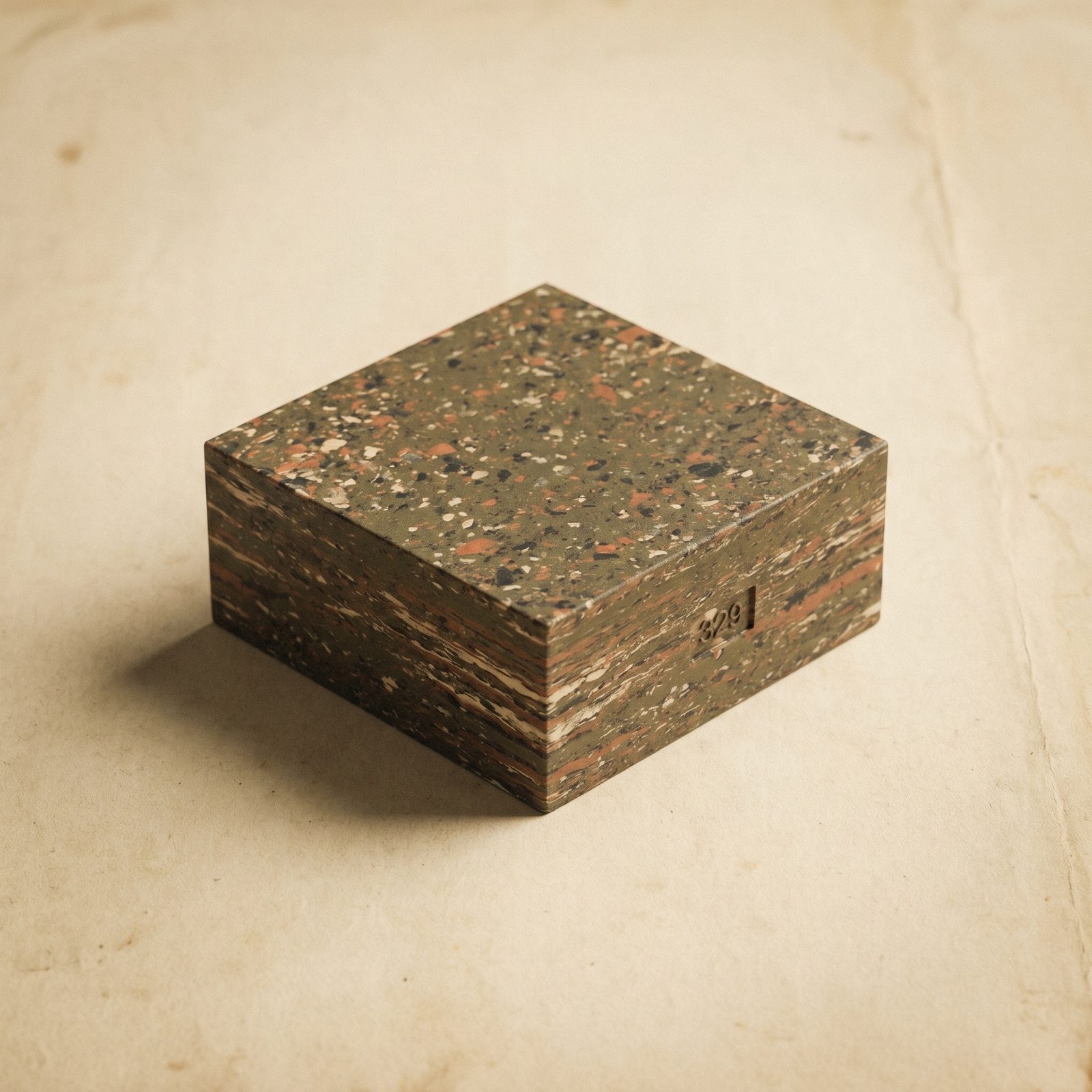 A single Bloxcity recycled-plastic structural block — speckled grey-and-tan surface, sharp 200 mm cube proportions.