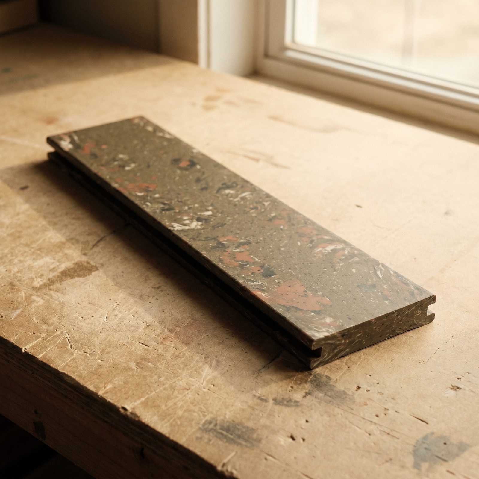 A Bloxcity recycled-plastic plank — long extrusion with a fine grain texture suitable for bench seats and decking.
