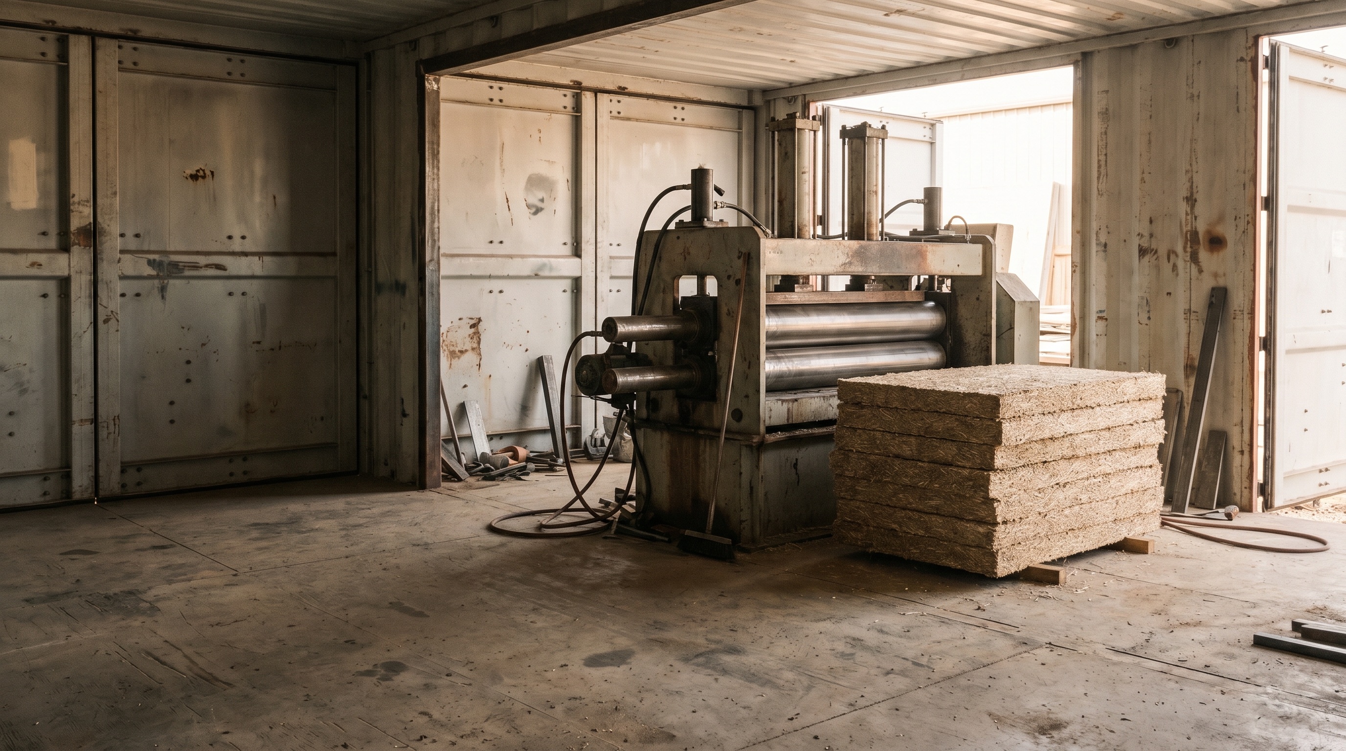 Inside the Bara Boards production rig — compression machine and a stack of finished panels in a shipping-container workshop.