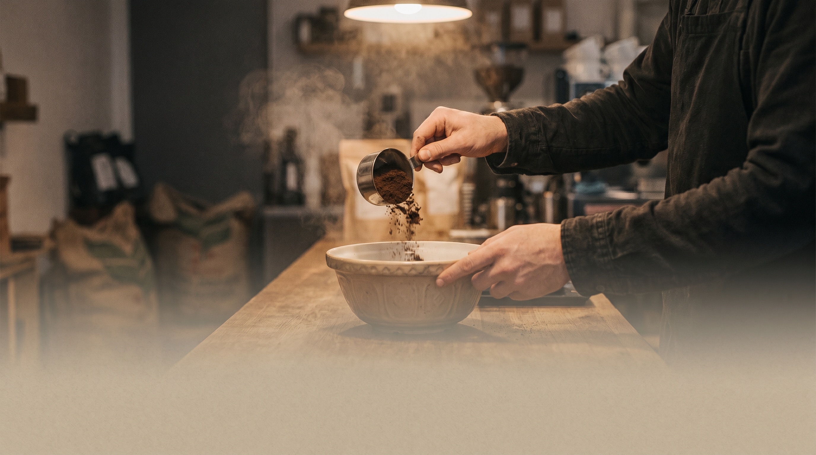 Hands pouring spent coffee grounds from a stainless-steel scoop into a paper-toned mixing bowl in a café back-of-house.