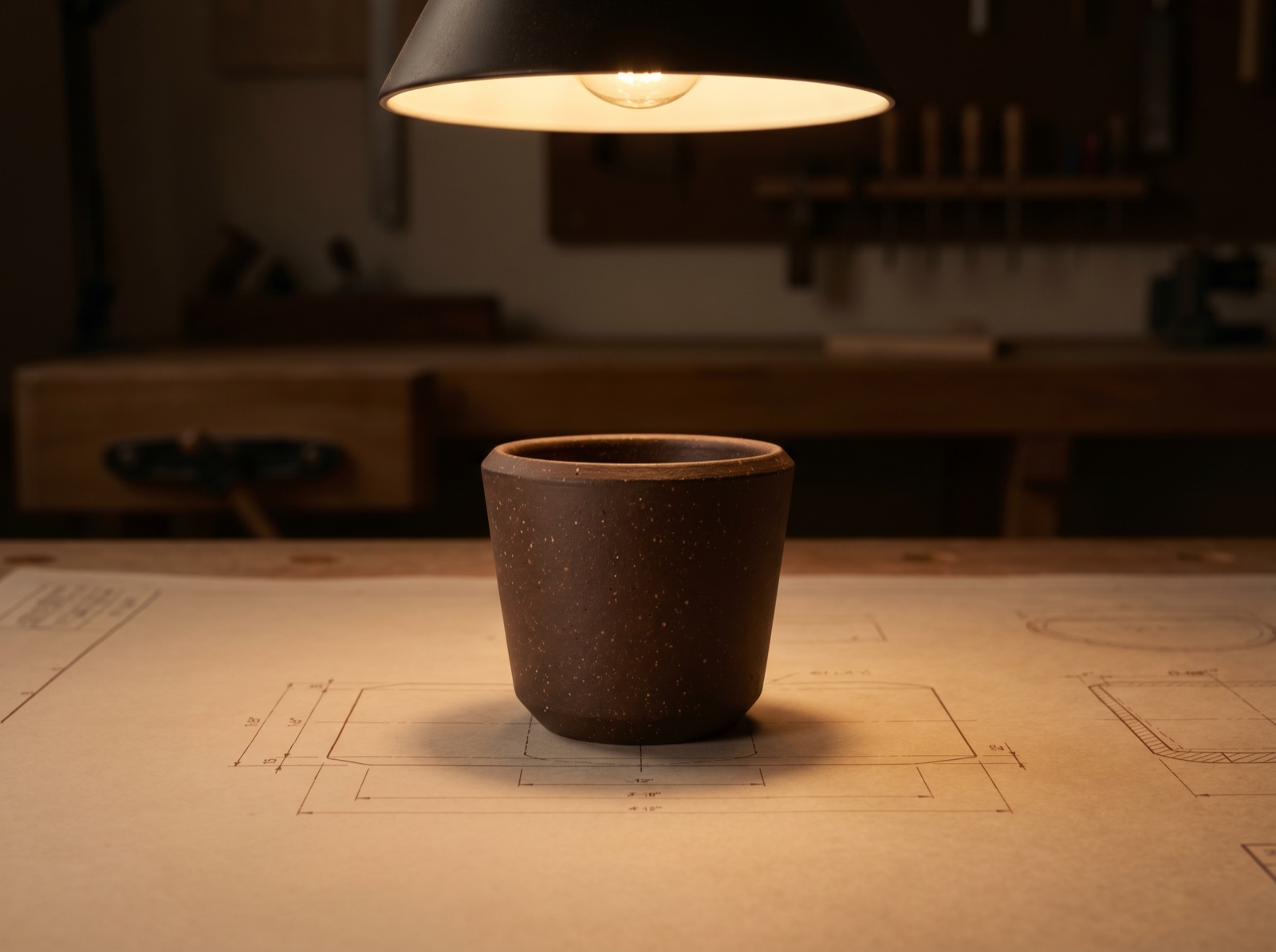 The Grounded 8 oz cup on a workshop drafting bench — speckled deep-brown coffee-grounds composite with a chamfered rim, lit by a single warm tungsten pendant, faint blueprint lines visible on the paper beneath.