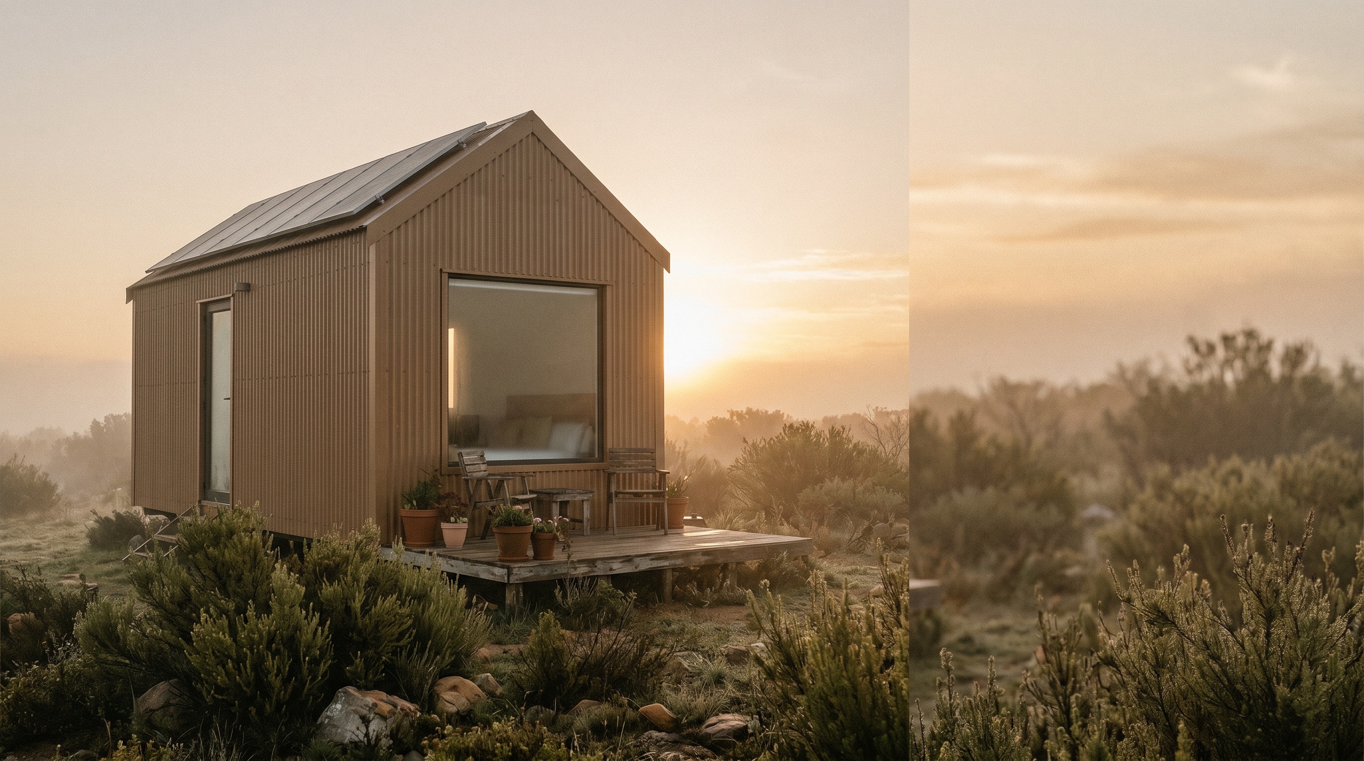 A completed Strawtown Stack One unit at dawn — corrugated cladding, a single picture window, a small wooden deck, fynbos around it.