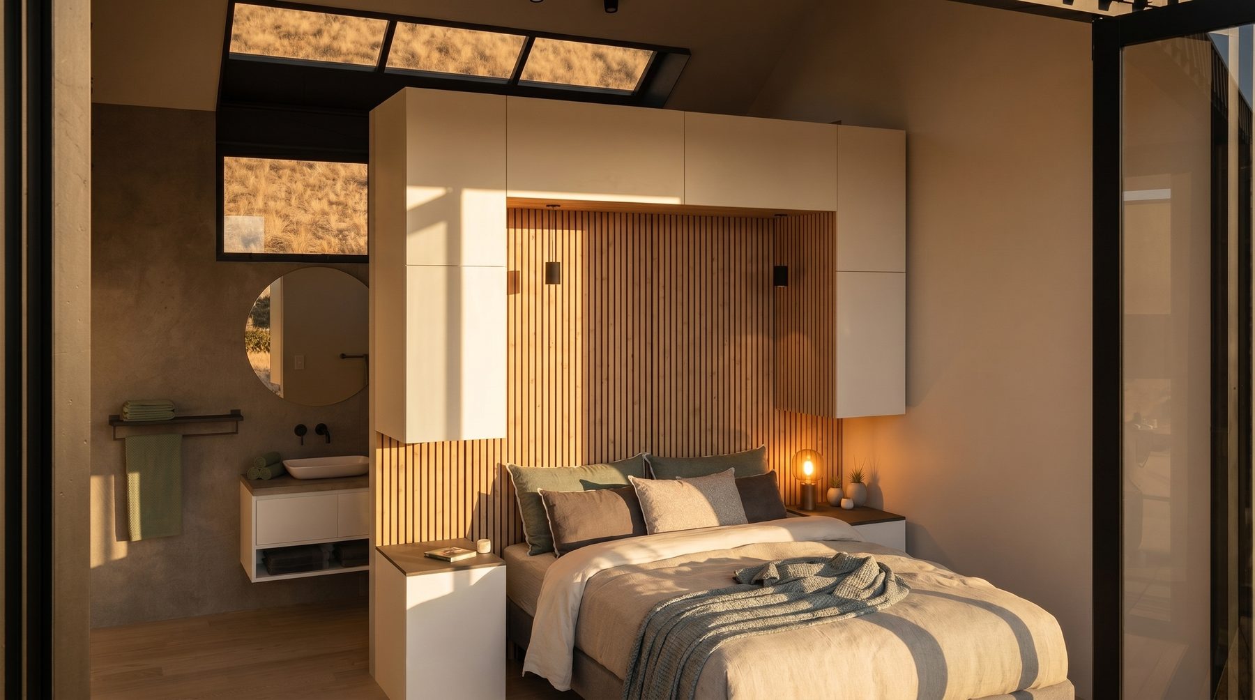 Stack One bedroom at golden hour — slatted ochre timber headboard wall, low platform bed dressed in oat and dust-blue linen, single warm tungsten bedside lamp, en-suite floating vanity visible to the side. Warm cream walls, deep restrained shadows.