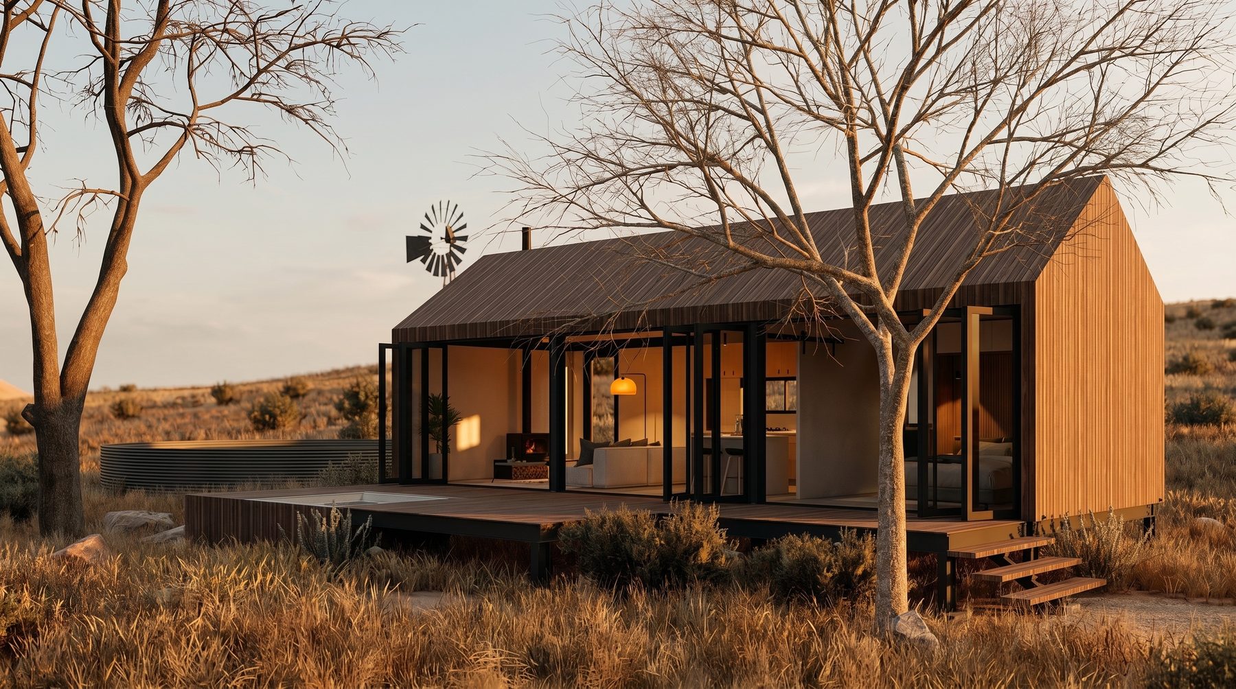 Stack One on-site at golden hour — timber-clad cabin with low-pitch roof, wooden deck, glowing interior pendants visible through the open glazed front. A bare wild olive in the foreground, a steel windmill silhouette behind, dry tawny grass and low scrub.