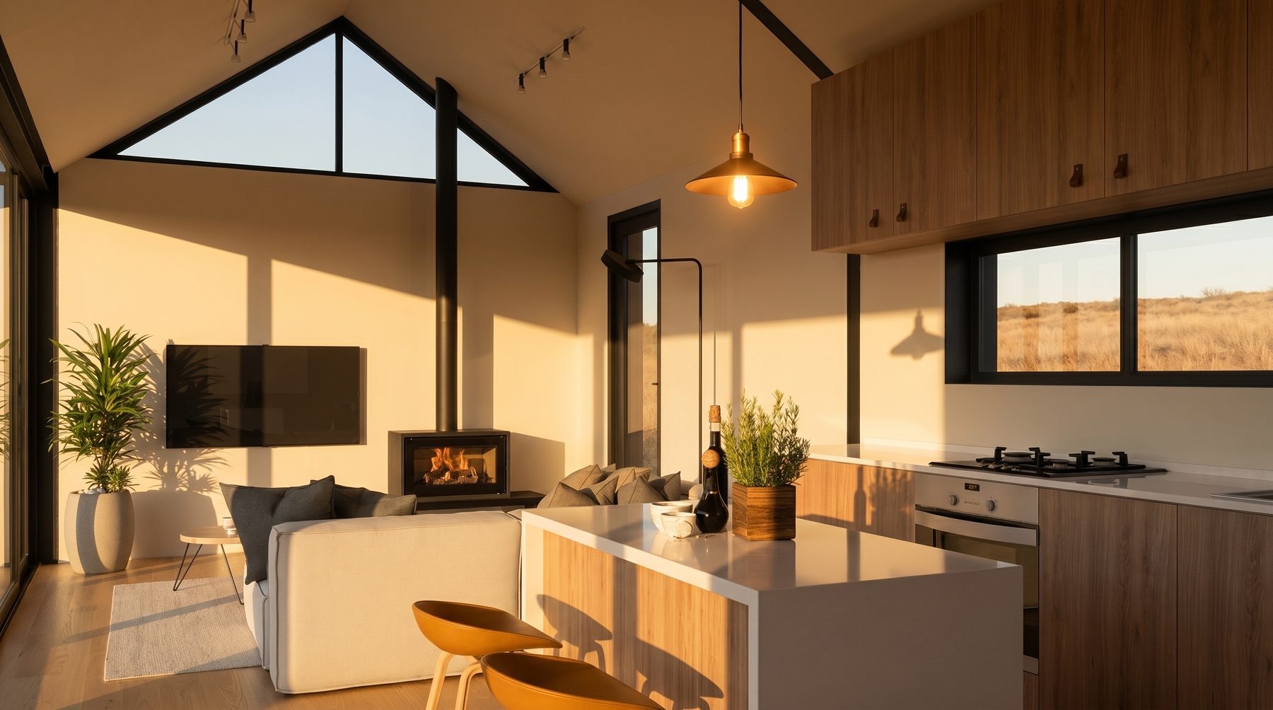 Stack One open-plan kitchen and living area at golden hour — pitched roof with clerestory glazing, honey-toned timber floor, kitchen island under a warm pendant, freestanding fireplace, low-chroma earth palette, dry tawny grass landscape framed by the glazing.