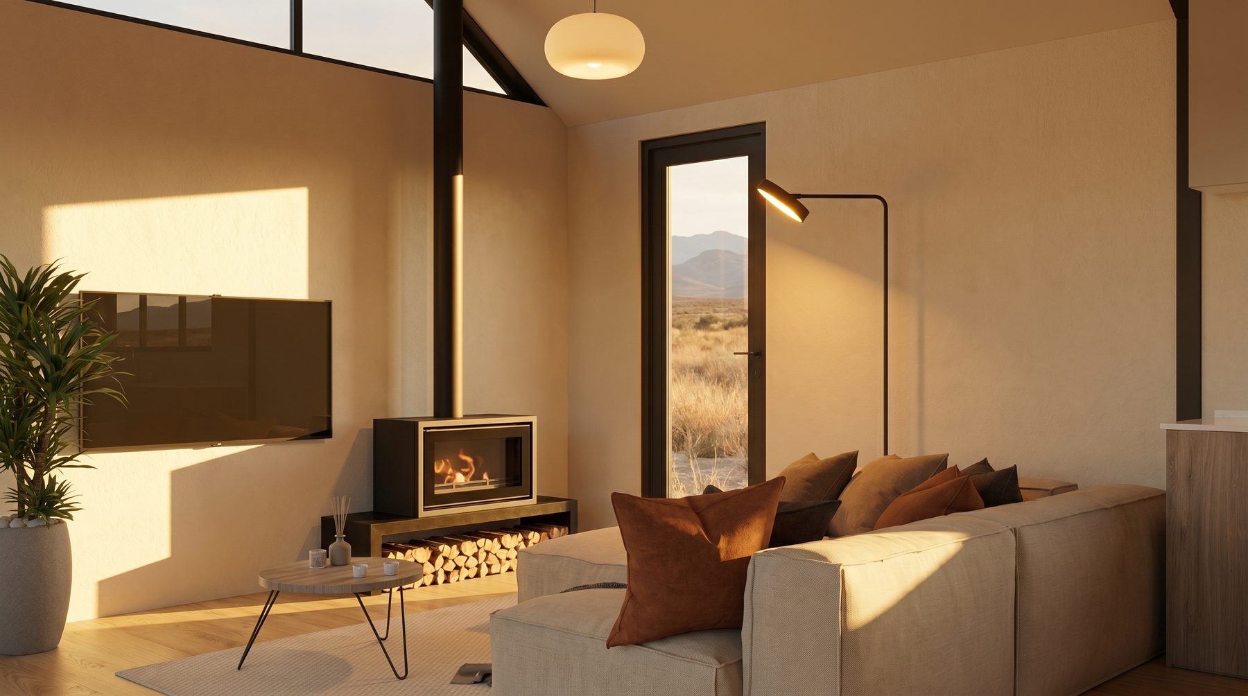 Stack One lounge at golden hour — oat-linen sofa with rust and umber cushions, freestanding fireplace with stacked log nook, slim reading floor lamp, hazy Karoo mountains framed by a tall glazed door. Warm cream walls, honey timber floor.